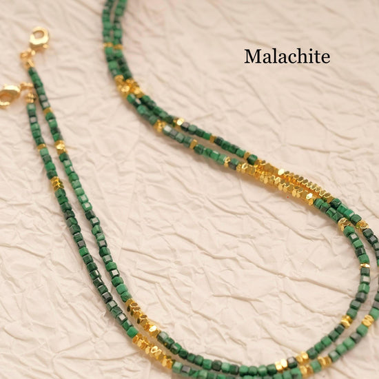 Genuine Gemstone Beaded Necklace, Cube beads choker, 18k gold beaded necklace, Crystal Beads, Gold-Filled Necklace, Cats Eye 