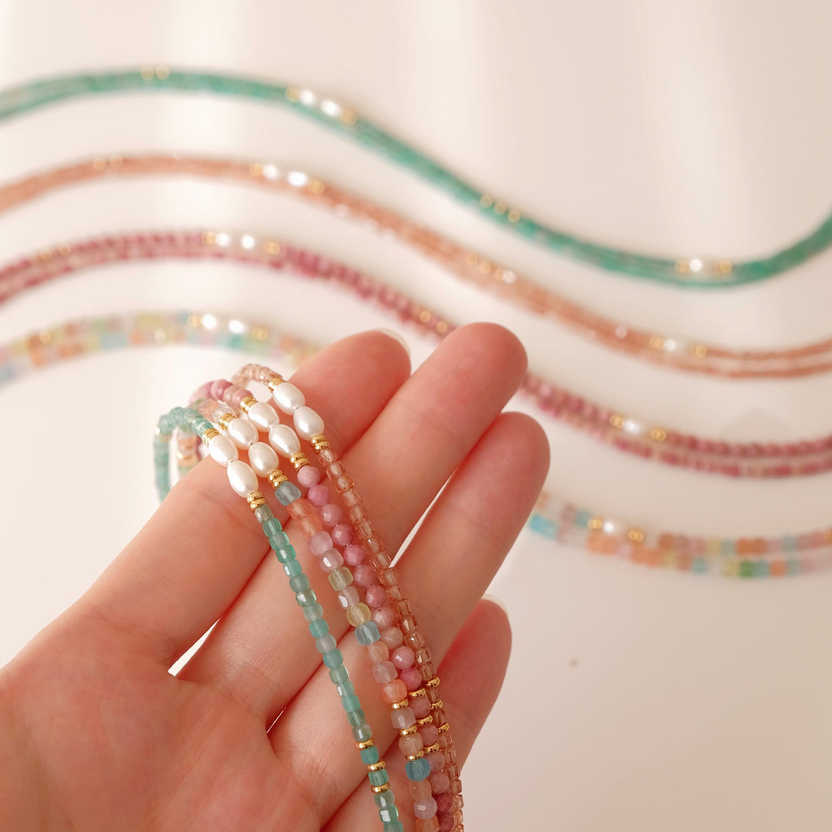 Genuine Gemstone Beaded Necklace, Cube beads freshwater pearl choker, 18k gold beaded necklace, Crystal Beads, Cats Eye Beads