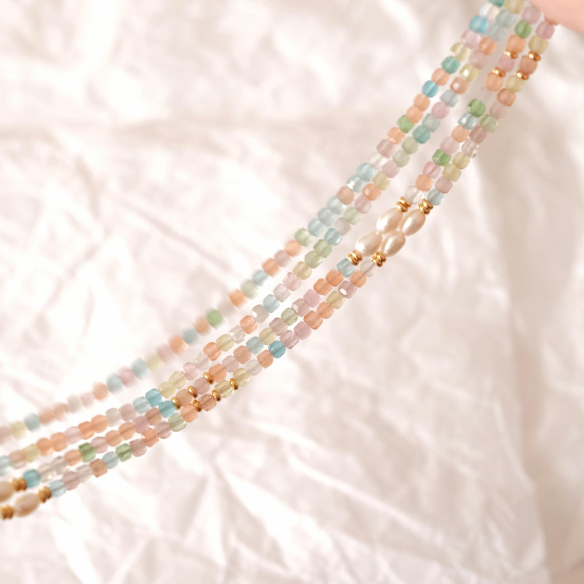Genuine Gemstone Beaded Necklace, Cube beads freshwater pearl choker, 18k gold beaded necklace, Crystal Beads, Cats Eye Beads