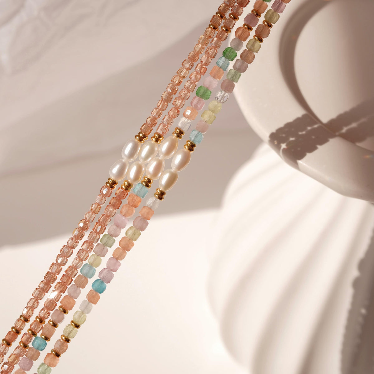 Genuine Gemstone Beaded Necklace, Cube beads freshwater pearl choker, 18k gold beaded necklace, Crystal Beads, Cats Eye Beads