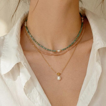 Genuine Gemstone Beaded Necklace, Cube beads freshwater pearl choker, 18k gold beaded necklace, Crystal Beads, Cats Eye Beads