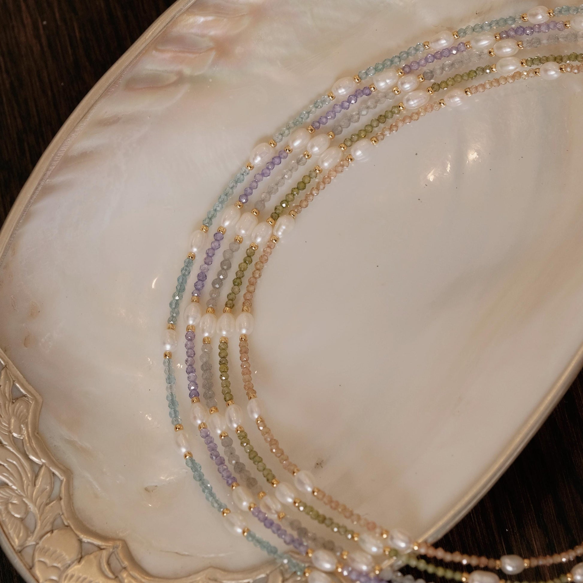 Genuine Gemstone Beaded Necklace, Beads freshwater pearl choker, 18k gold beaded necklace, Crystal Beads, Cats Eye Beads, Gift for her