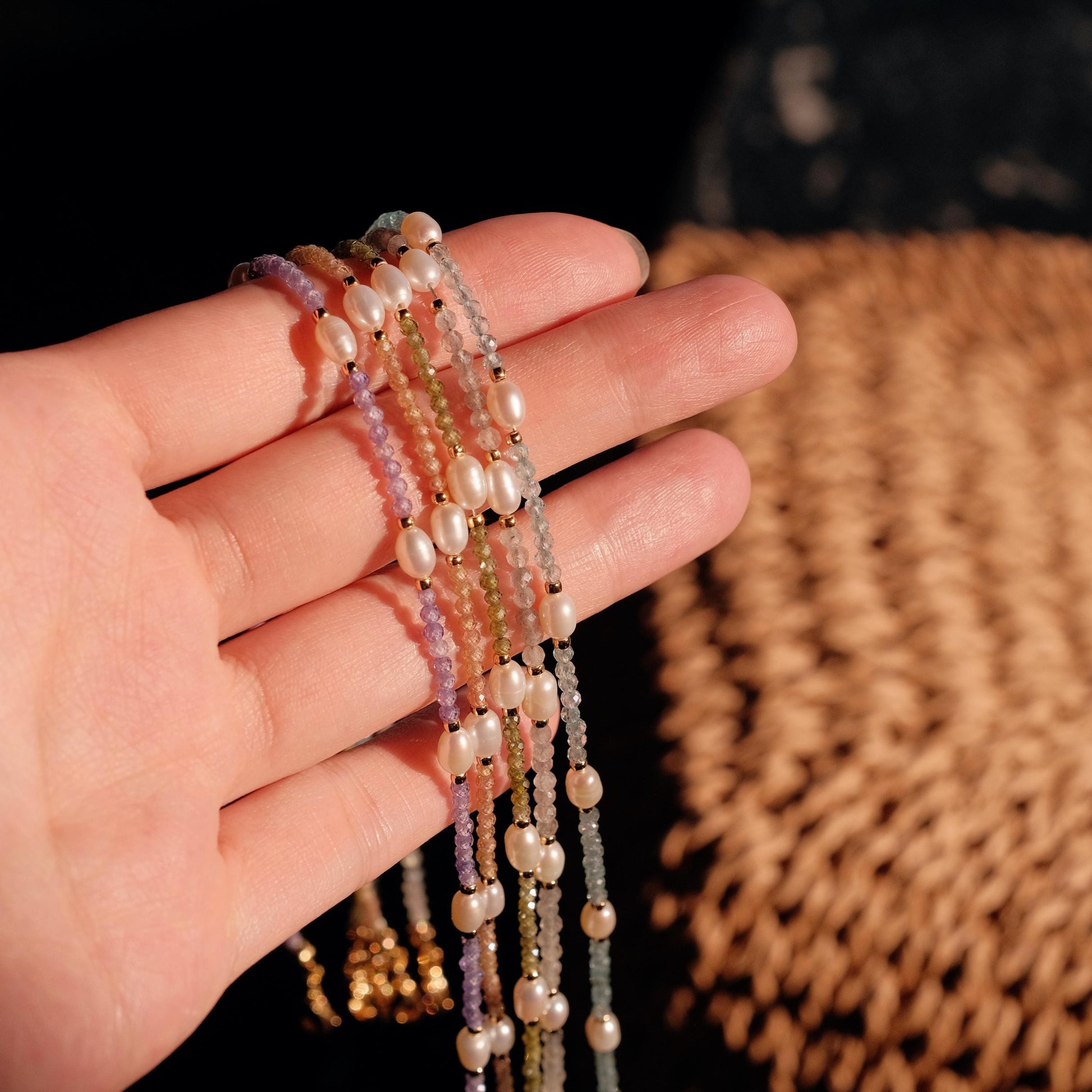 Genuine Gemstone Beaded Necklace, Beads freshwater pearl choker, 18k gold beaded necklace, Crystal Beads, Cats Eye Beads, Gift for her