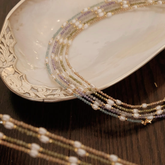 Genuine Gemstone Beaded Necklace, Beads freshwater pearl choker, 18k gold beaded necklace, Crystal Beads, Cats Eye Beads, Gift for her