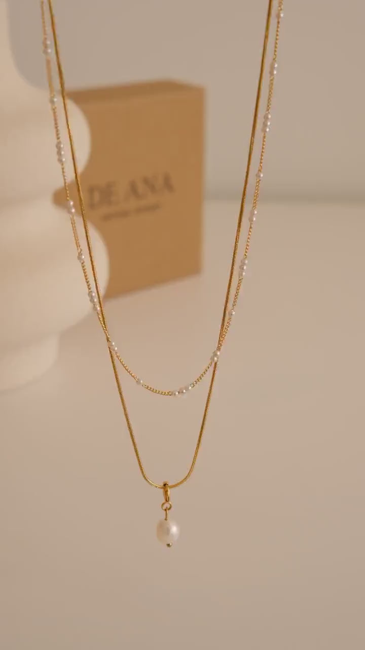 Gold Layered Pearl Necklace, Snake Chain Double Layer Necklace, Dainty Freshwater Pearl Necklace, Multiple Pearl Necklace, Gi