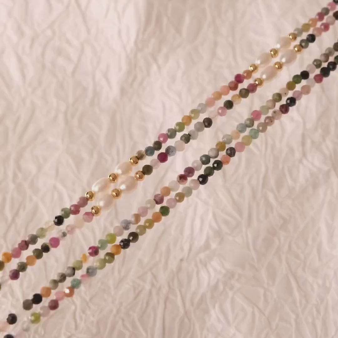 Genuine Tourmaline Necklace, Colorful stone beaded necklace, Minimalist beaded necklace with real pearl, Choker tourmaline st