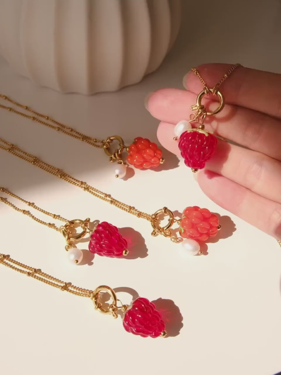 Raspberry handmade lampwork beads necklace, Waterproof fruit pearl gold necklace, Detachable charm, Gold pendant necklace, gi