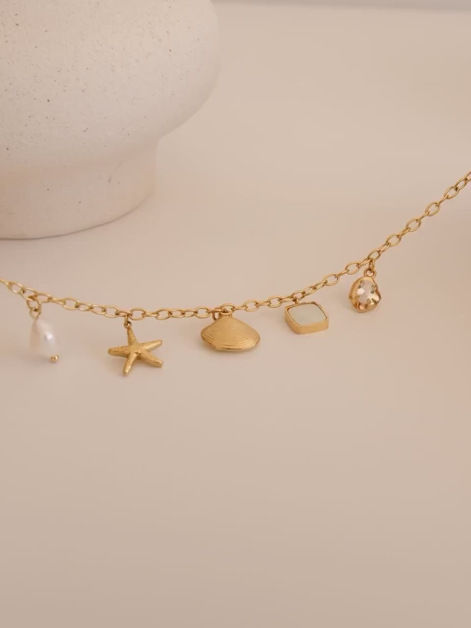 Summer Charms Necklace, Ocean Shell Pearl Necklace, Waterproof Gold Necklace, Girl Necklace, Gift for her, Handmade Beach Jew