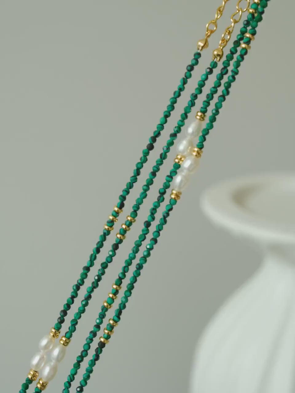 Genuine Malachite Necklace, Greenstone beaded necklace, Minimalist beaded necklace with real pearl, Green choker malachite st