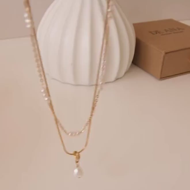 Dainty Gold Layered Pearl Necklace, Natural Freshwater Pearl Double Layer Necklace, Waterproof Wedding Layered Necklace, Gift