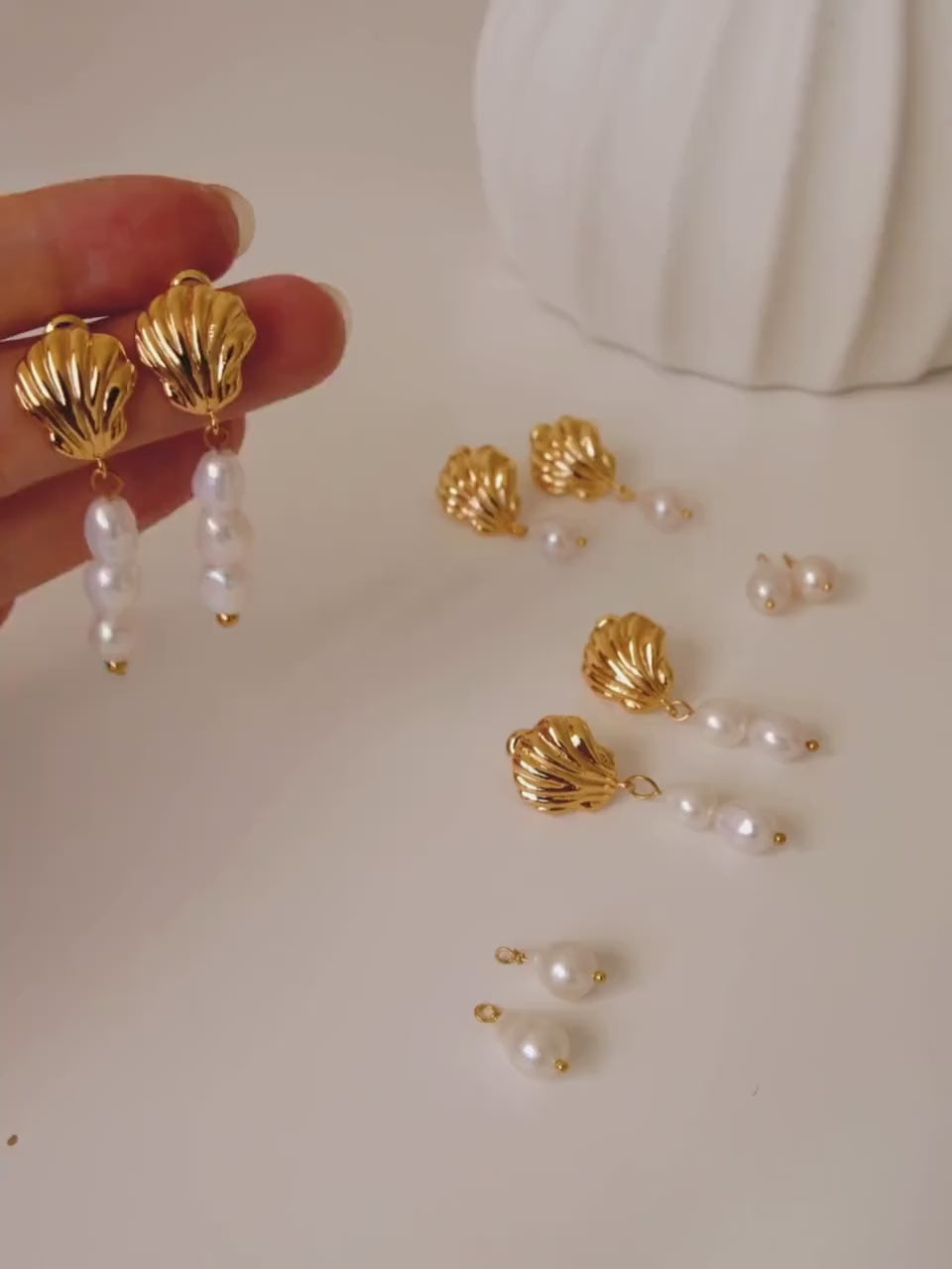 Gold Shell Pearl Drop Earrings, Double Triple Pearl Tear Drop Earrings, Dangling Pearl Earrings, Bridal Jewelry, Dainty Gift 